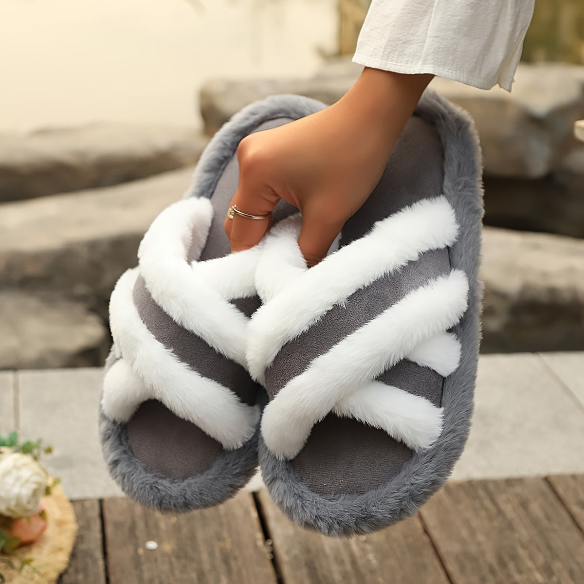 Women's Plush Slippers - Soft, Warm, Non-Slip Thick Sole Indoor/Outdoor Slides in Black & White, Brown & Gray, Beige & White Striped Patterns, Perfect for All Seasons, House Slippers